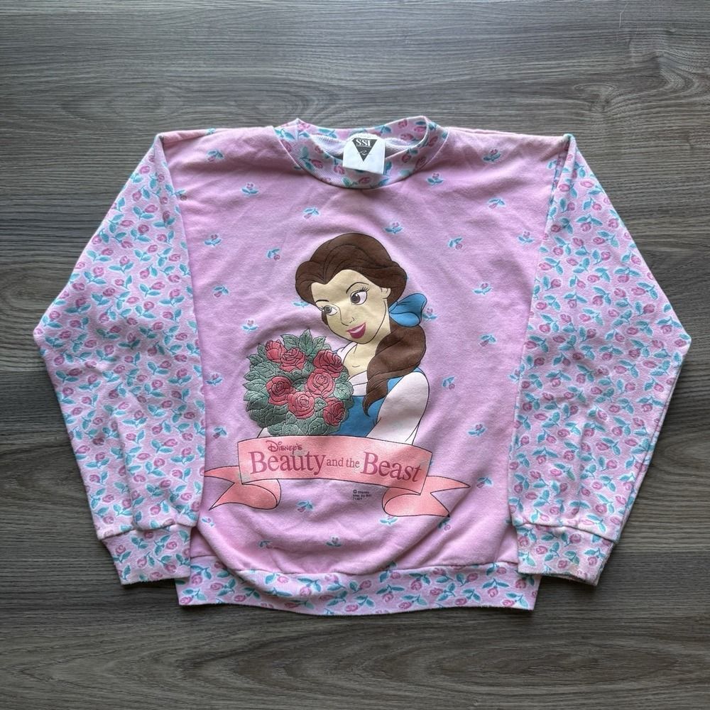 Vintage Disney Beauty & The Beast Sweatshirt Youth Kids AOP Pink Floral SSI L